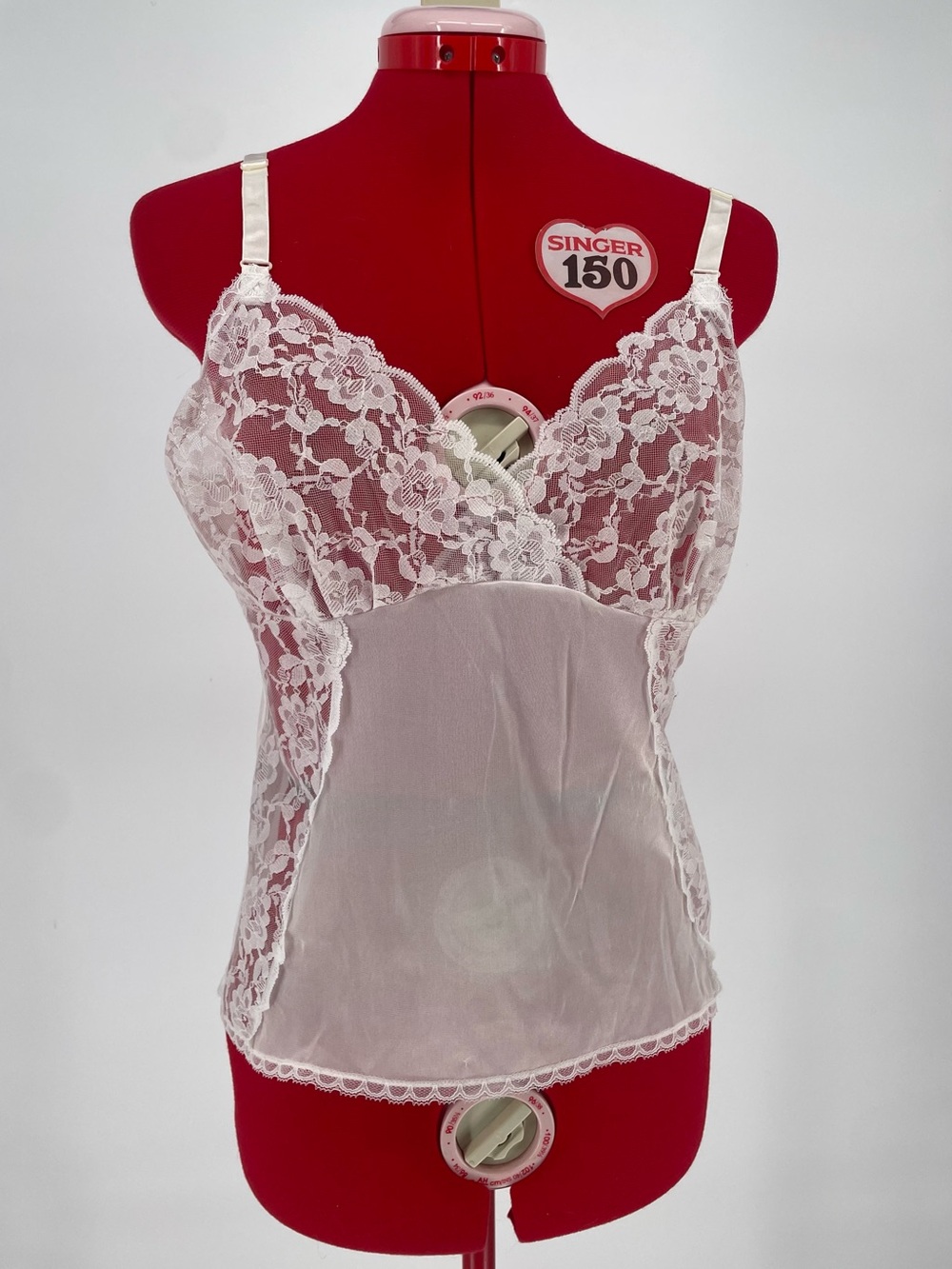 White Nylon Vintage Classic Lingerie Slip Camisole Top Sheer Lace Panels